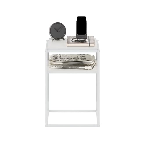 Furinno Moretti Side Table, 2-Tier Stackable Metal Frame End Table with Open Shelf, Night Stand, Bedside Table, Toolless Assembly, for Living Room, Bedroom, Solid White - color: Solid White/White, style: Stackable Metal Frame