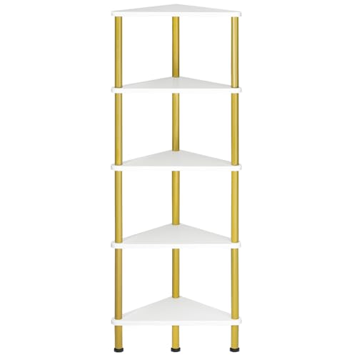 HOOBRO Corner Shelf Stand, Industrial 5-Tier Wall Corner Bookshelf with Metal Frame, Plant Display Shelf, Bookcase for Small Spaces, Bedroom, Living Room, White and Gold DW33CJ01 - color: White + Gold, size: 11.8"L x 11.8"W x 45.3"H