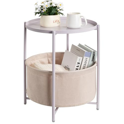 danpinera Round Side Table with Fabric Storage Basket, Small Coffee Table | Metal End Stand with Removable Serving Tray, Modern Nightstand for Small Space, Living Room, Bedroom, Nursery, Light Violet - color: Light Violet