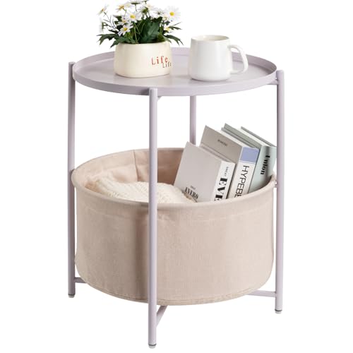 danpinera Round Side Table with Fabric Storage Basket, Small Coffee Table | Metal End Stand with Removable Serving Tray, Modern Nightstand for Small Space, Living Room, Bedroom, Nursery, Light Violet - color: Light Violet