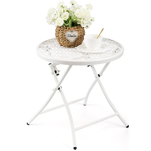 TeoKJ Folding Outdoor Side Tables, Anti Rust Small Patio Table Round Metal Nightstand with Flower Cutouts for Porch Yard Balcony Deck Lawn, White - color: White