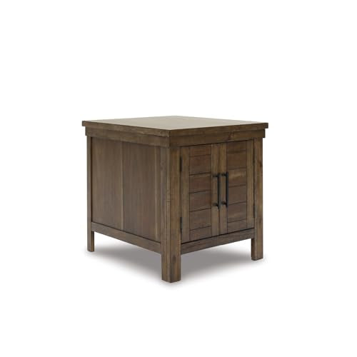 Signature Design by Ashley Moriville Rustic Farmhouse Rectangular End Table with Dual Cabinet Doors, Antique Bronze-Tone Hardware, Wood, 25" High, Brown - color: Dark Brown