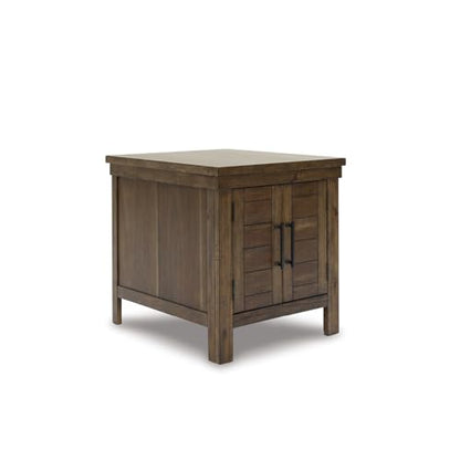 Signature Design by Ashley Moriville Rustic Farmhouse Rectangular End Table with Dual Cabinet Doors, Antique Bronze-Tone Hardware, Wood, 25" High, Brown - color: Dark Brown