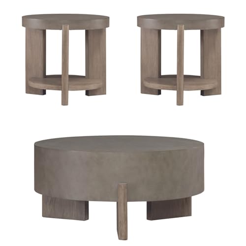 Liberty Furniture Affinity 3 Piece Set - Round Cocktail Table, 2 End Tables - Dusty Taupe Faux Concrete Tops - size: 3 Piece- Round Cocktail Table, 2 End Tables