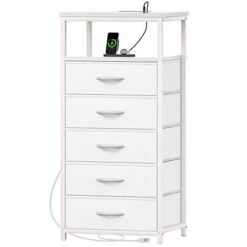 Huuger White Dresser with 5 Drawers & Charging Station, Tall Dresser for Bedroom, Tall Night Stand with PU Leather Finish, Open Shelf, Nightstand for Bedroom, Closet, Hallway, Entryway - color: White, size: 11.8"D x 15.7"W x 39.4"H (5 Drawers)