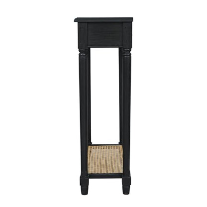 East at Main Lenora Black Narrow Console Table for Entryway with Drawer | 23.75-inch slim hallway table with cane shelf, solid wood frame, French country accent furniture for small spaces - color: Black