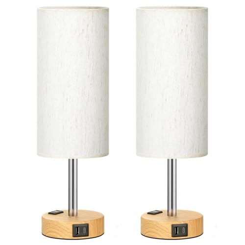 Small Touch Table Lamps Set of 2-3-Way Dimmable, USB A + C Charging, AC Outlet, Wood Grain Base, Bulbs Included - color: Cream - Wood Grain 2, size: 14" Touch Control