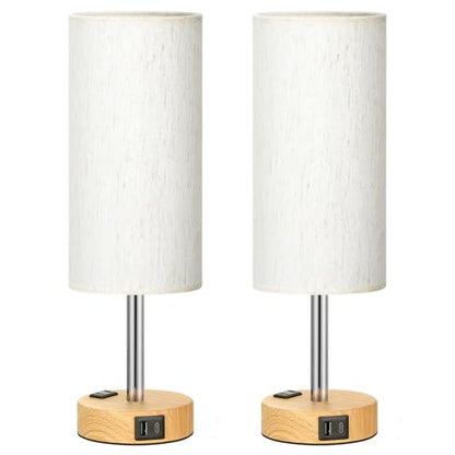 Small Touch Table Lamps Set of 2-3-Way Dimmable, USB A + C Charging, AC Outlet, Wood Grain Base, Bulbs Included - color: Cream - Wood Grain 2, size: 14" Touch Control