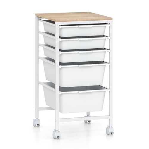 COSTWAY Rolling Storage Cart with Drawers, Multipurpose Utility Cart w/Wooden Tabletop & 2 Lockable Caster, Plastic Mobile Drawer Storage Organizer for Classroom, Home, Office (White, 5 Drawers) - color: White, size: 5 Drawers