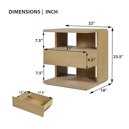 Christopher Knight Home 22" Mid Century Modern Nightstand Set of 2, Wooden Bedside Table with Drawer & 3 Tier Shelves, Small Side End Table Night Stand for Bedroom Living Room Small Space, Natural - color: Natural, size: 2pcs