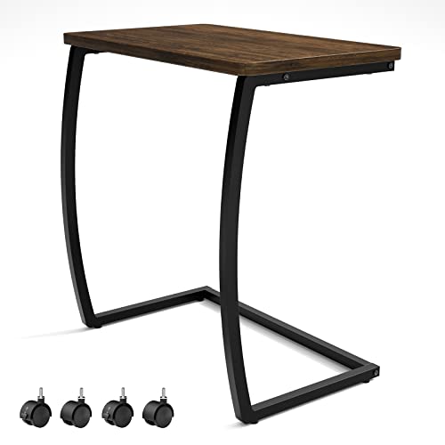 SRIWATANA Side Table, C-Shaped End Table with Rolling Wheels,Rustic Sofa Couch Table for Laptop Coffee Snack, Dark Walnut - color: Dark Walnut W/ Caster