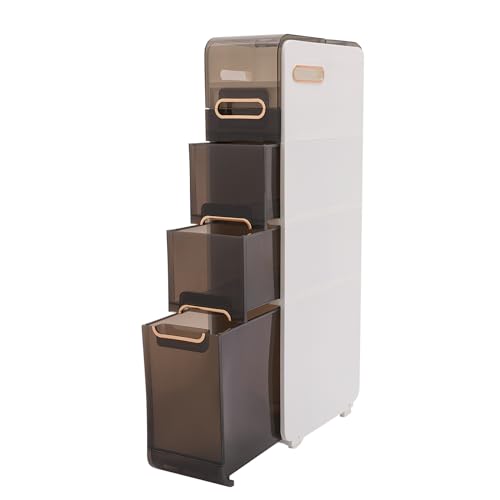 Plastic Narrow Storage Cabinet, Vertical Bathroom Storage Unit 4-Tier Slim Organizer Tower with Toilet Paper Holder Side Unit for Towels Shampoo Cosmetics