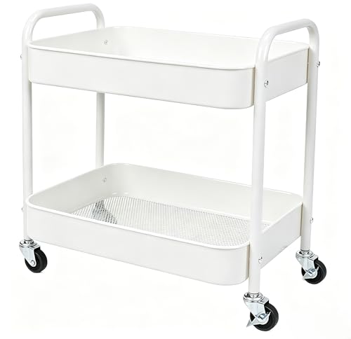 2 Tier Rolling Utility Cart with Wheels, Under Desk Storage Organizer for Pantry Kitchen Laundry, Large Capacity Metal Kitchen Utility Cart, Sturdy Makeup Organizer for Small Space with 4 Hooks - color: White