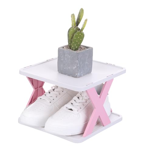 uxcell 2-Tier Plastic Shoe Rack, Vertical Shoe Rack Stackable Storage Organizer Folding Space-Saving Narrow Slot Shelf for Closet Livingroom Entryway Garage, Pink/White - color: Pink/White, size: 10.2x9.4x6.7 Inch