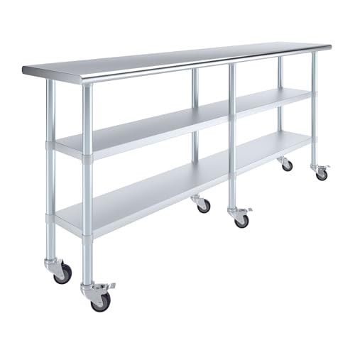 AmGood Stainless Steel Work Table with 2 Shelves and Casters | Metal Utility Table On Wheels (Stainless Steel Work Table with 2 Shelves + Casters, 84" Long x 18" Deep) - size: 84" Long x 18" Deep