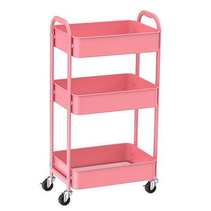 MAX Houser 3-Tier Rolling Utility Cart with Caster Wheels,Easy Assembly, for Kitchen, Bathroom (Pink) - color: Pink, size: 3-Tier Standard Cart