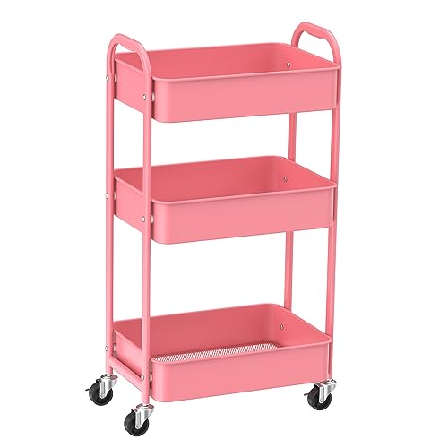 MAX Houser 3-Tier Rolling Utility Cart with Caster Wheels,Easy Assembly, for Kitchen, Bathroom (Pink) - color: Pink, size: 3-Tier Standard Cart