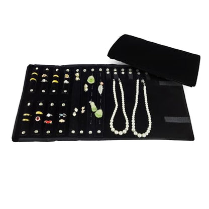 Velvet Travel Jewelry Case Roll Bag Organizer for Necklace Bracelet Earrings Ring (Black) (Black(4+2+2+6)) - color: Black (4+2+2+6)