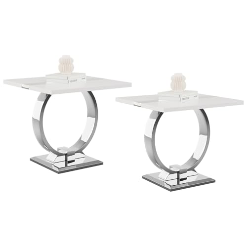Asday 23.6" White and Silver End Tables Set of 2, Modern Side Tables with Glossy Wooden Top and Stainless Steel U-Shaped Base, Accent Tables for Living Room, Bedroom, Lounge - color: White and Silver, size: Set of 2