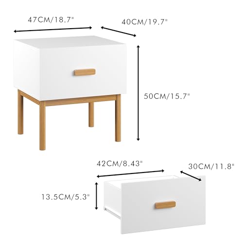 Modern Minimalist White Nightstand with Solid Pine Wood Legs & Spacious Drawer - Versatile Bedside Table for Bedroom, Living Room, or Small Apartment