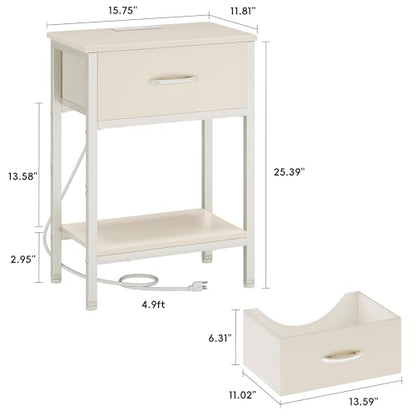 Vagusicc Nightstand with Charging Station, End Table with Fabric Drawer, Small Side Table with 2-Tier Storage Shelves, 25.4" Tall Night Stand, Bedside Table for Bedroom, Living Room, Dorm, Beige - color: Beige (1 Pack)