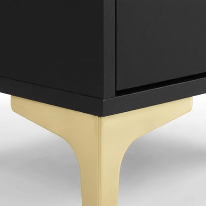 Furnifact Black Nightstand, 2 Drawers, Modern Design, Gold Metal Legs, Durable Construction, Stylish Bedroom Storage, Contemporary Finish