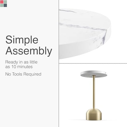 Round Metal Drink Table with Faux Marble Top, Brass Pole & Dome Base – Modern Small Pedestal Side Table for Living Room, Bedroom, or Office – Easy Assembly, Scratch-Resistant Base - color: Faux Marble Top With Brass Pole, style: Dome Base