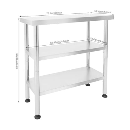 30x14x35in 3-Tier Stainless Steel Work Table with Casters & Foot Pads, Adjustable Shelves, 330 lbs Load Capacity, Space-Saving Metal Utility Cart for Small Spaces, Kitchen, Garage, Restaurant, Home - size: 30x14x35 Inches