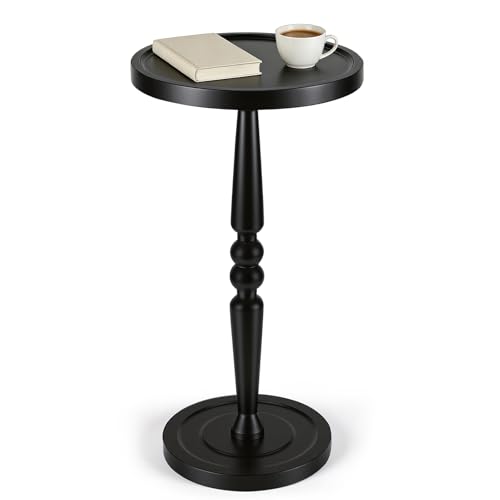Small Side Table for Small Spaces, Modern Round End Table with Natural Solid Wooden Top, Pedestal and Leg, Black Accent Drink Tables for Livingroom, Bedroom, Sofa, Corner, Coffee, Office, Couch - color: Black