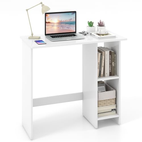 Giantex Small White Desk, Compact Study Writing Desk with 3-Position Adjustable Shelf, Anti-Toppling Kit, Modern PC Laptop Table, Home Office Computer Workstation for Small Space Bedroom Dorm - color: White
