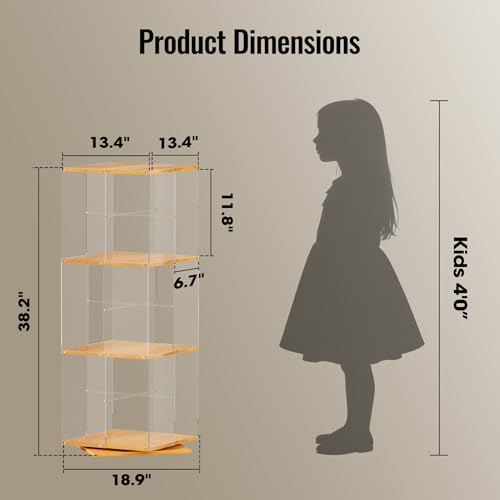 TAKEKIT 3-Tier Rotating Bookshelf, 360° Spinning Book Shelf Tower with Solid Wood & Clear Acrylic, Square Revolving Bookcase for Kids Room, Living Room, Bedroom and Office - color: Natural Square, size: 3-Tier