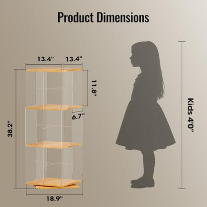 TAKEKIT 3-Tier Rotating Bookshelf, 360° Spinning Book Shelf Tower with Solid Wood & Clear Acrylic, Square Revolving Bookcase for Kids Room, Living Room, Bedroom and Office - color: Natural Square, size: 3-Tier