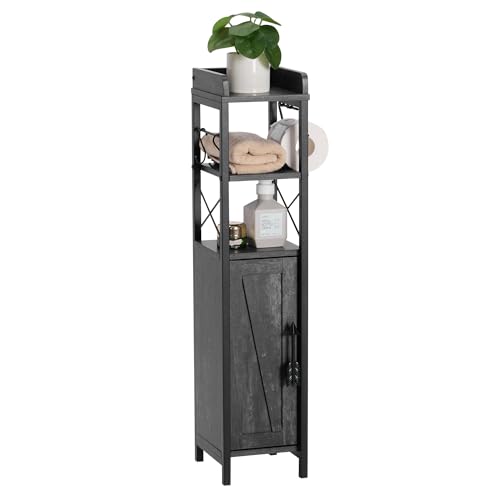 VECELO Small Bathroom Cabinet, Slim Toilet Paper Holder with Magnetic Door&2 Shelves, Narrow Storage Organizer for Bathroom Restroom Tiny Space, Fenced Top Waterproof Board, Coal Grey - color: Grey
