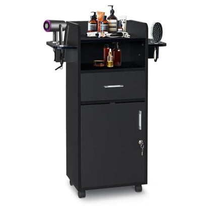 Winado Beauty Salon Trolley Cart, Salon Cabinet with 360° Wheels, 6 Tool Holders, 1 Drawer, Salon Station Rolling Cart for Hair Stylist Beauty Spa Barbershop, Black