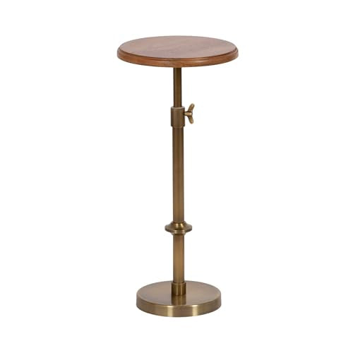 Kate and Laurel Engles Modern Adjustable-Height Pedestal Drink Table, 10 x 10 x 30, Walnut Brown and Brass, Mid-Century Round Indoor Metal Plant Stand with Solid Wood Tabletop