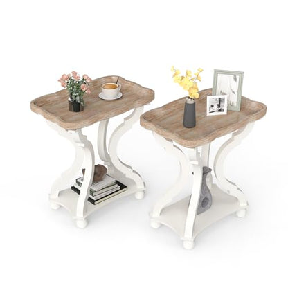 Accent Wood Farmhouse End Table Side Tables Nightstand Natural Tray Top and Distressed Carved Legs for Bedroom Living Room, White (2 PCS) - size: 2-pcs, style: Rectangle