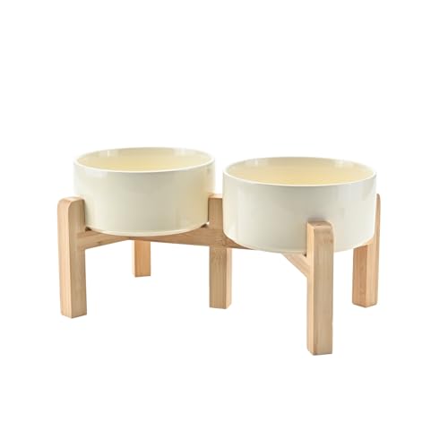 SPUNKYJUNKY Elevated Dog Bowls Ceramic, 6.1'' Dogs and Cat Food Water Bowls Raised with Non-Slip Bamboo Stand for Medium Sized Breed Microwave Dishwasher Safe - 28.7 OZ,Beige - color: Beige, size: 6.1 in - 3.6 cups