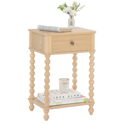 AWASEN Night Stand, Small End Table with Storage for Living Room, Farmhouse Bedside Side Table with Spindle Wood Legs for Bedroom, Office, Natural - color: Natural