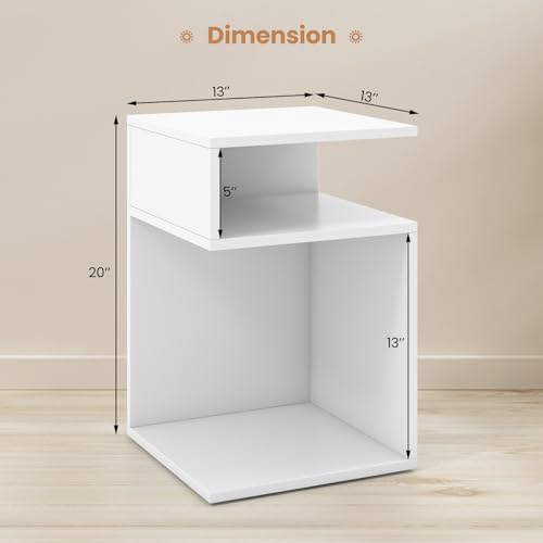 Giantex 3-Tier Side Table, S-Shaped End Table with 2 Open Storage Compartments, Wood Narrow Bedside Table, Modern Nightstand for Bedroom, Living Room, Small Spaces, Easy Assembly, White