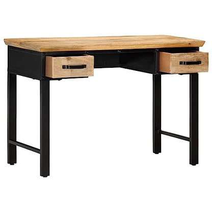 Writing Desk with Drawers, Industrial Home Office Computer Table with Solid Mango Wood Surface and Metal Legs, 43.3 Inch Small Study Desk for Bedroom Workspace