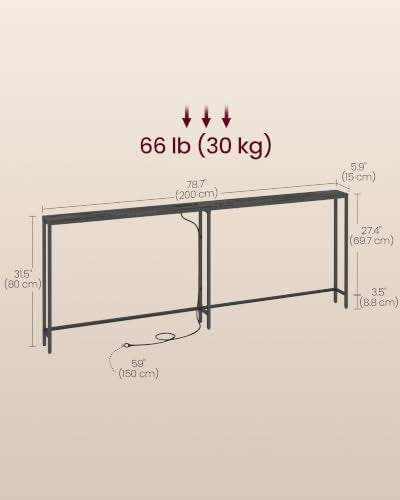 VASAGLE 78.8" Console Table, Narrow Behind Couch Table with Outlet | Sofa Table with 2 Hooks, for Entryway, Living Room, Easy Assembly, Charcoal Gray and Ink Black, BARNET Collection ULNT077B201 - color: Charcoal Gray + Ink Black, size: 1 Tier (5.9"D x 78