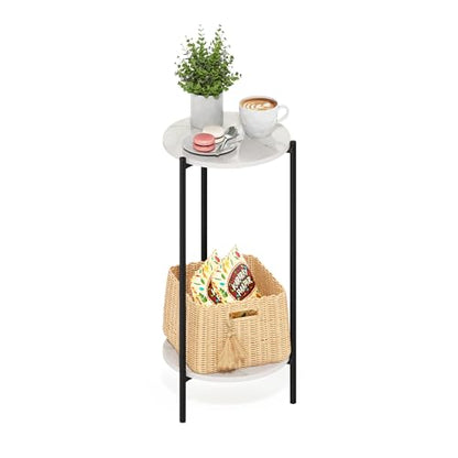 Furinno BESI Plant Stand Indoor, 2-Tier Round Plant Shelf, Metal Flower Pot Plant Stand, Balcony, Patio, Garden, Marble White - color: Marble White