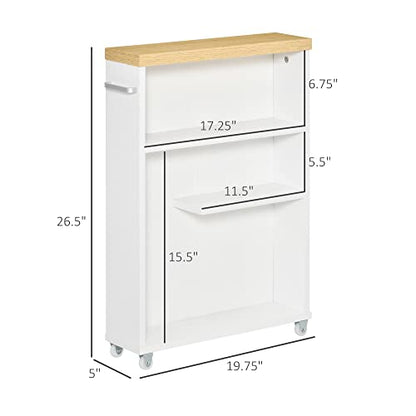 kleankin Slim Bathroom Cabinet with Castor Wheels Storage Organizer and Wood Shelves to Fit in Small Spaces, White