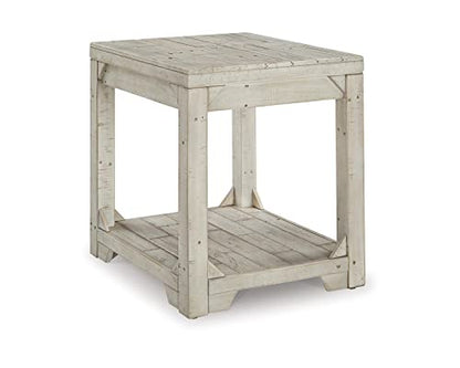 Signature Design by Ashley Fregine Farmhouse Rectangular End Table with Lower Open Shelf, Triangle Bracket Accents, Wood, 25.25" High, Weathered White - color: Whitewash