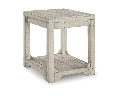 Signature Design by Ashley Fregine Farmhouse Rectangular End Table with Lower Open Shelf, Triangle Bracket Accents, Wood, 25.25" High, Weathered White - color: Whitewash