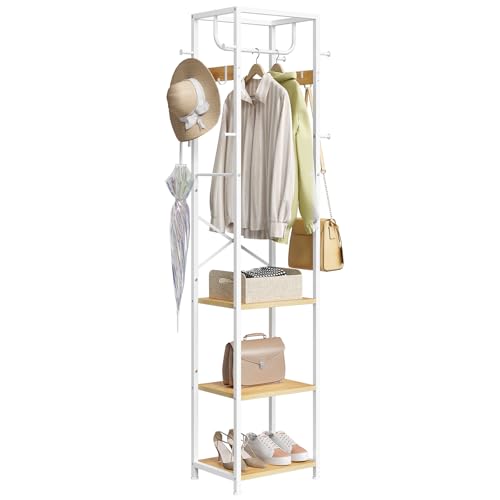 ELYKEN Coat Rack Freestanding, Hall Tree with 3 Storage Shelves and 12 Hooks, Industrial Clothes Rack Stand Organizer for Bedroom, Hallway, Entryway, Office, Living Room - color: Natural