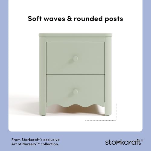 Storkcraft Casablanca 2 Drawer Nightstand, Sage | GREENGUARD Gold Certified, Storage for Kids Bedroom, Premium Wood Nightstand with Iconic Wave Detailing and Rounded Posts - color: Sage, style: Nightstand