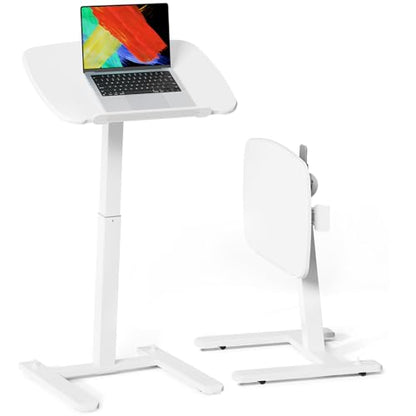 JOY worker Low Height Small Mobile Standing Desk, 90° Foldable Laptop Desk | Height Adjustable TV Tray Table, 21.65" White MDF Tilt Board, Portable Desk with Low Base & Hidden Wheels, Couch Sitting Use - color: White