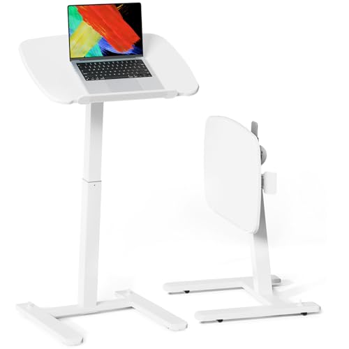 JOY worker Low Height Small Mobile Standing Desk, 90° Foldable Laptop Desk | Height Adjustable TV Tray Table, 21.65" White MDF Tilt Board, Portable Desk with Low Base & Hidden Wheels, Couch Sitting Use - color: White