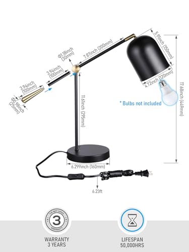 TORCHSTAR Adjustable Desk Lamp Aesthetic, AC 110-120V, Swing Arm Task Desk Lamp, Max 60W, E26 Base, Bulb Not Included, Metal Decor Desktop Lamp with On/Off Switch, for Work, Study, Home Office, Black